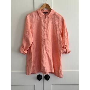 Eileen Fisher Women’s M Coral 100% Irish Linen Tunic Blouse Button Front Top
